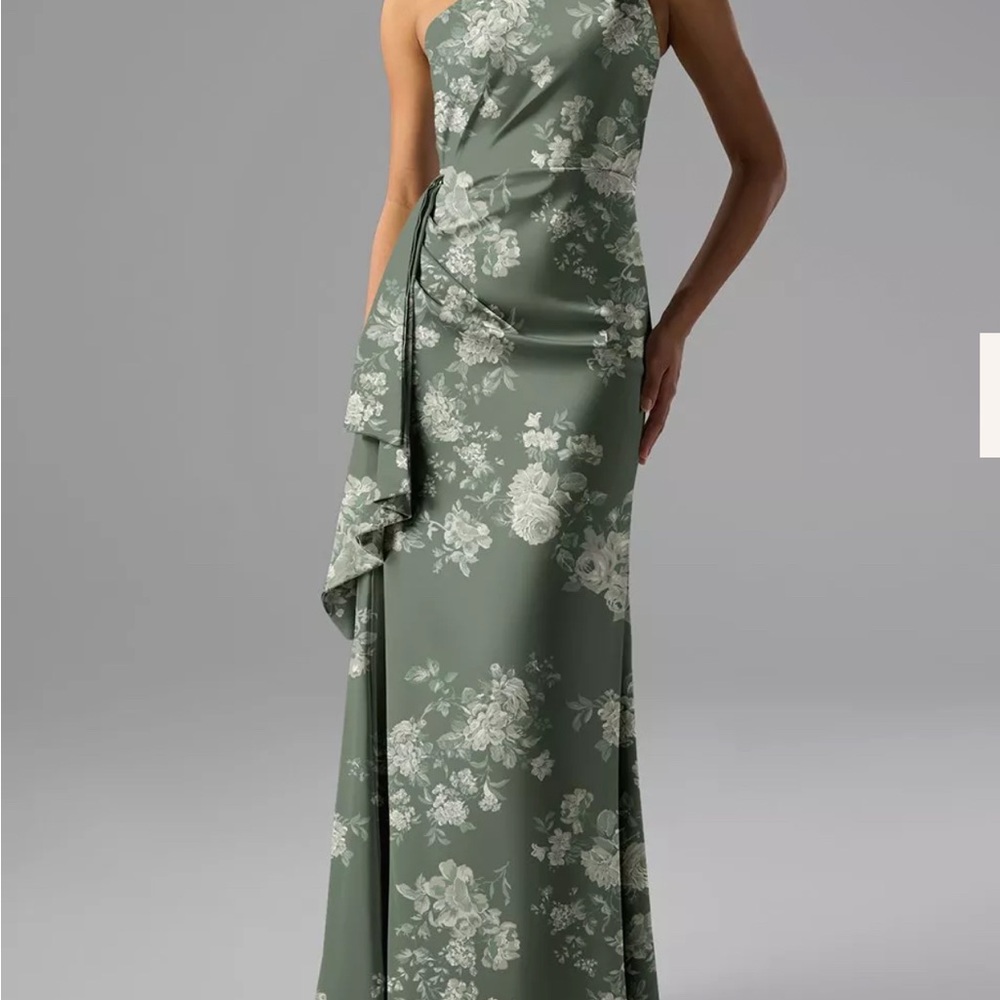 One Shoulder Floral Green Dress